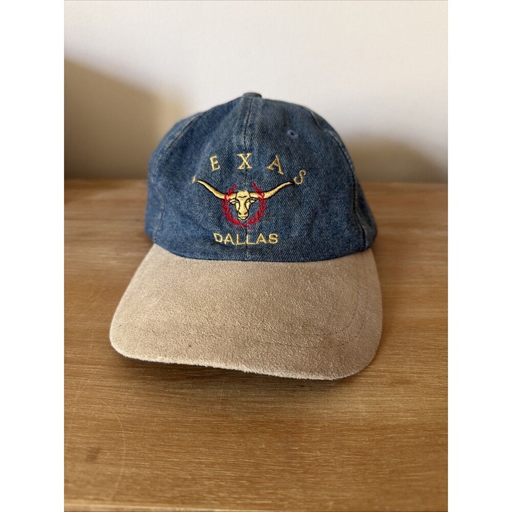 Vintage Dallas Texas Longhorn Embroidery Denim Tan Suede Bill Strap Back KC Caps